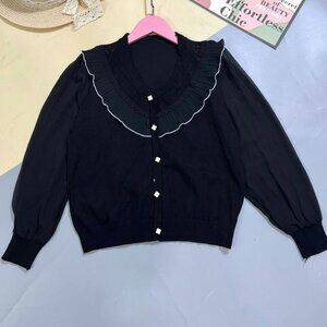 Black Ruffle Collar Knit Cardigan Sweater